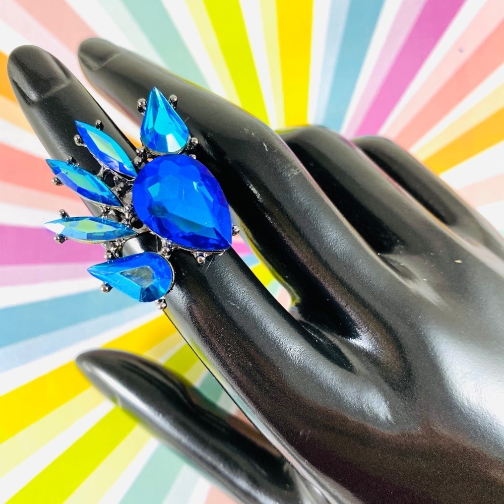 Stunning Aqua and Royal Blue Large rhinestone statement ring adjustable
